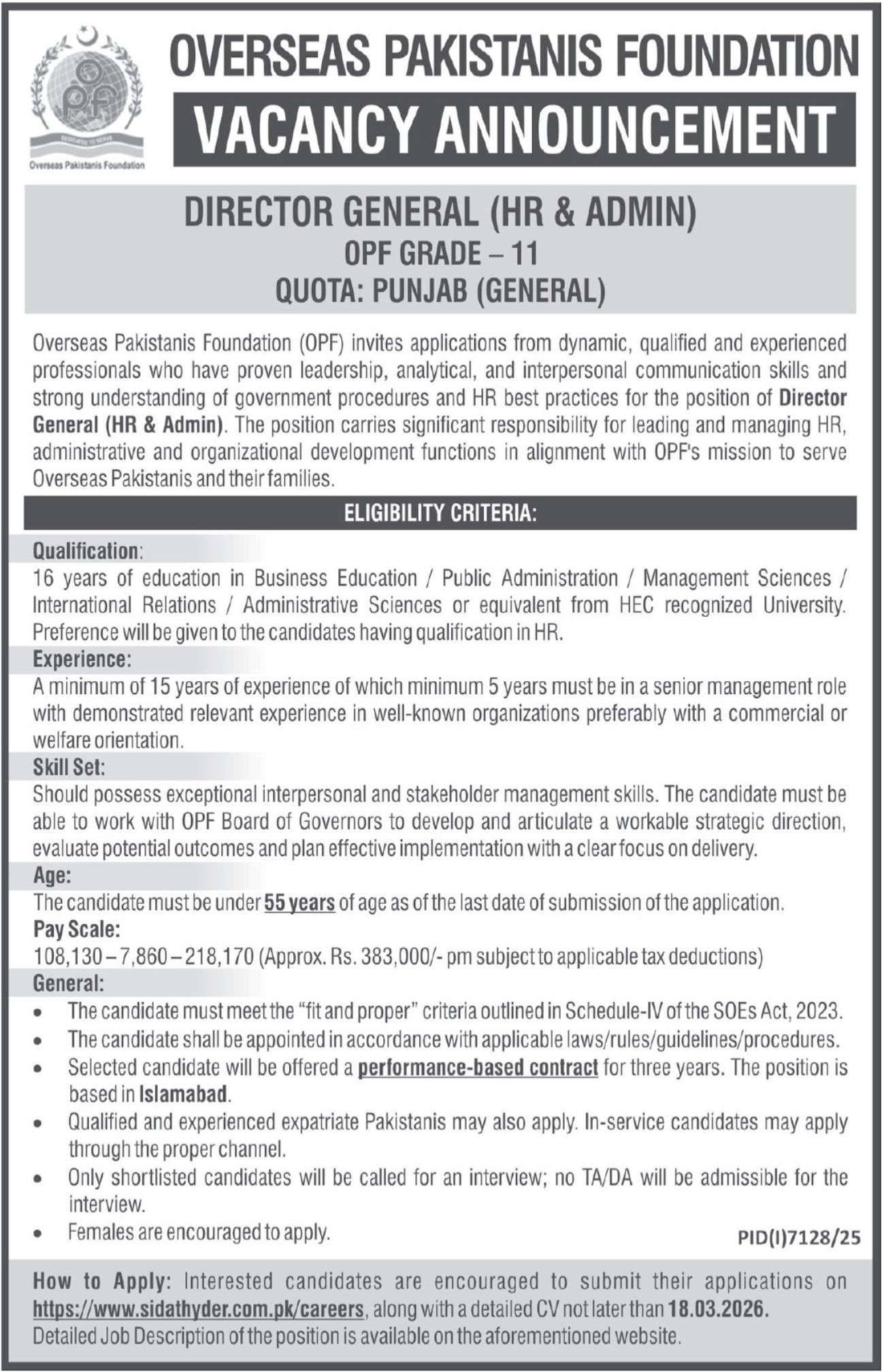 Overseas Pakistanis Foundation OPF Islamabad Jobs 2026 – Director General Vacancies (Apply Before 18 March 2026)