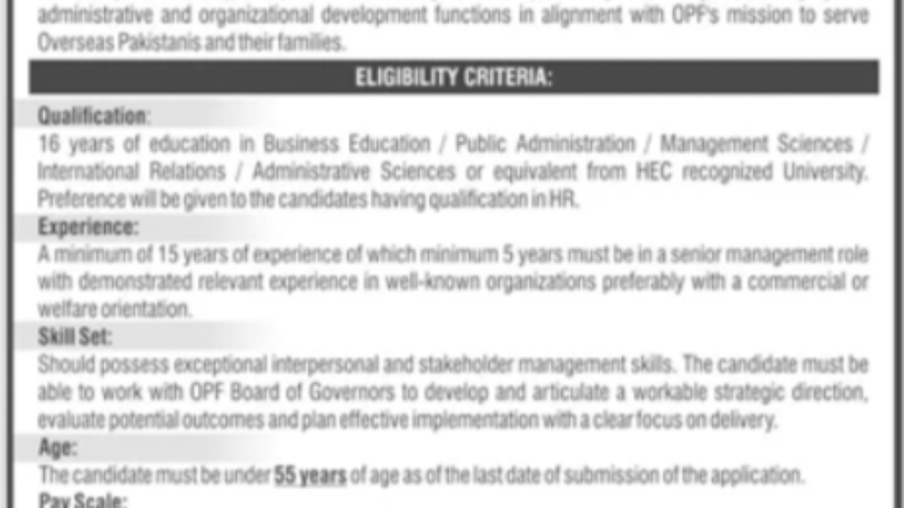 Overseas Pakistanis Foundation (OPF) Jobs 2026 – Director General (HR & Admin) | Islamabad