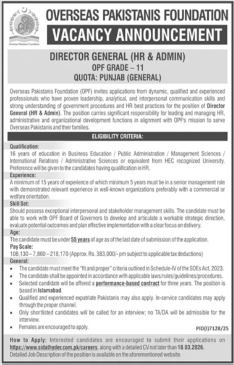 Overseas Pakistanis Foundation (OPF) Jobs 2026 – Director General (HR & Admin) | Islamabad
