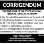 Federal Judicial Academy Islamabad Jobs 2026 – Director General (Corrigendum & Extended Deadline)