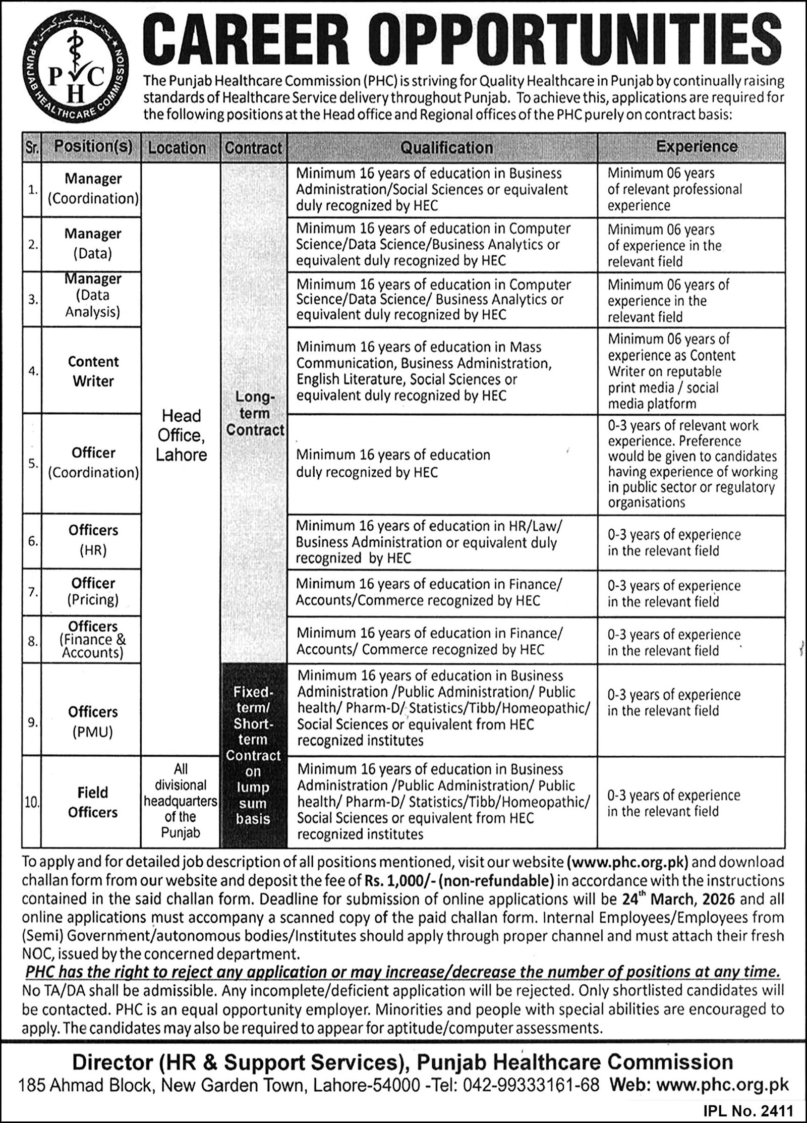 Punjab Healthcare Commission Jobs 2026 in Lahore – Multiple Management Positions