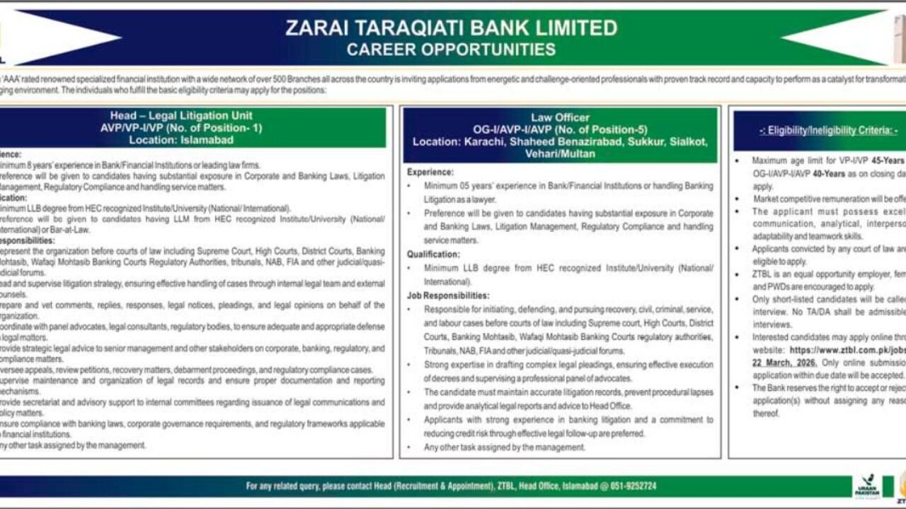 Zarai Taraqiati Bank Limited ZTBL Jobs 2026 in Islamabad – Law Officer & Head Legal Litigation Unit