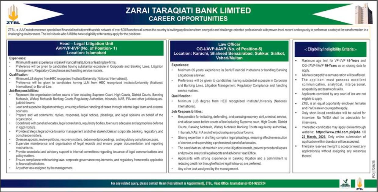 Zarai Taraqiati Bank Limited ZTBL Jobs 2026 in Islamabad – Law Officer & Head Legal Litigation Unit