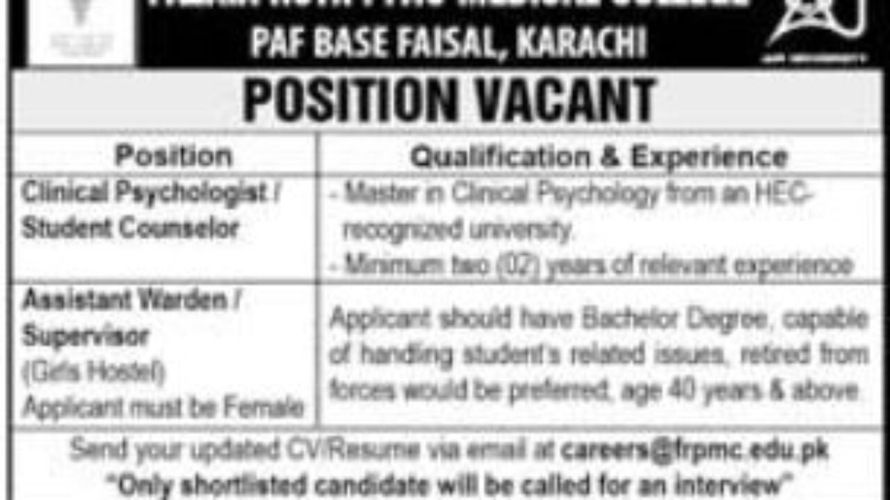 Fazaia Ruth PFAU Medical College Karachi Jobs 2026 – Clinical Psychologist, Supervisor & Assistant Warden