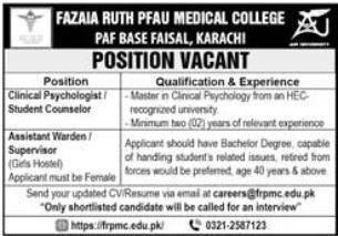 Fazaia Ruth PFAU Medical College Karachi Jobs 2026 – Clinical Psychologist, Supervisor & Assistant Warden