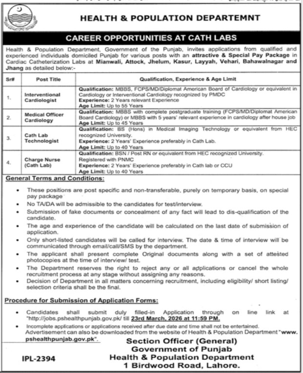 Health & Population Department Punjab Jobs 2026 – Cath Lab Career Opportunities