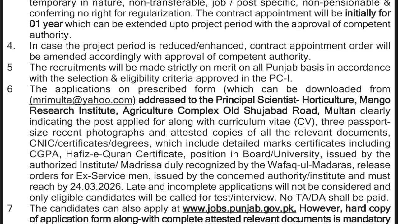 Mango Research Institute Multan Jobs 2026 – Research Associate (Horticulture) Vacancies