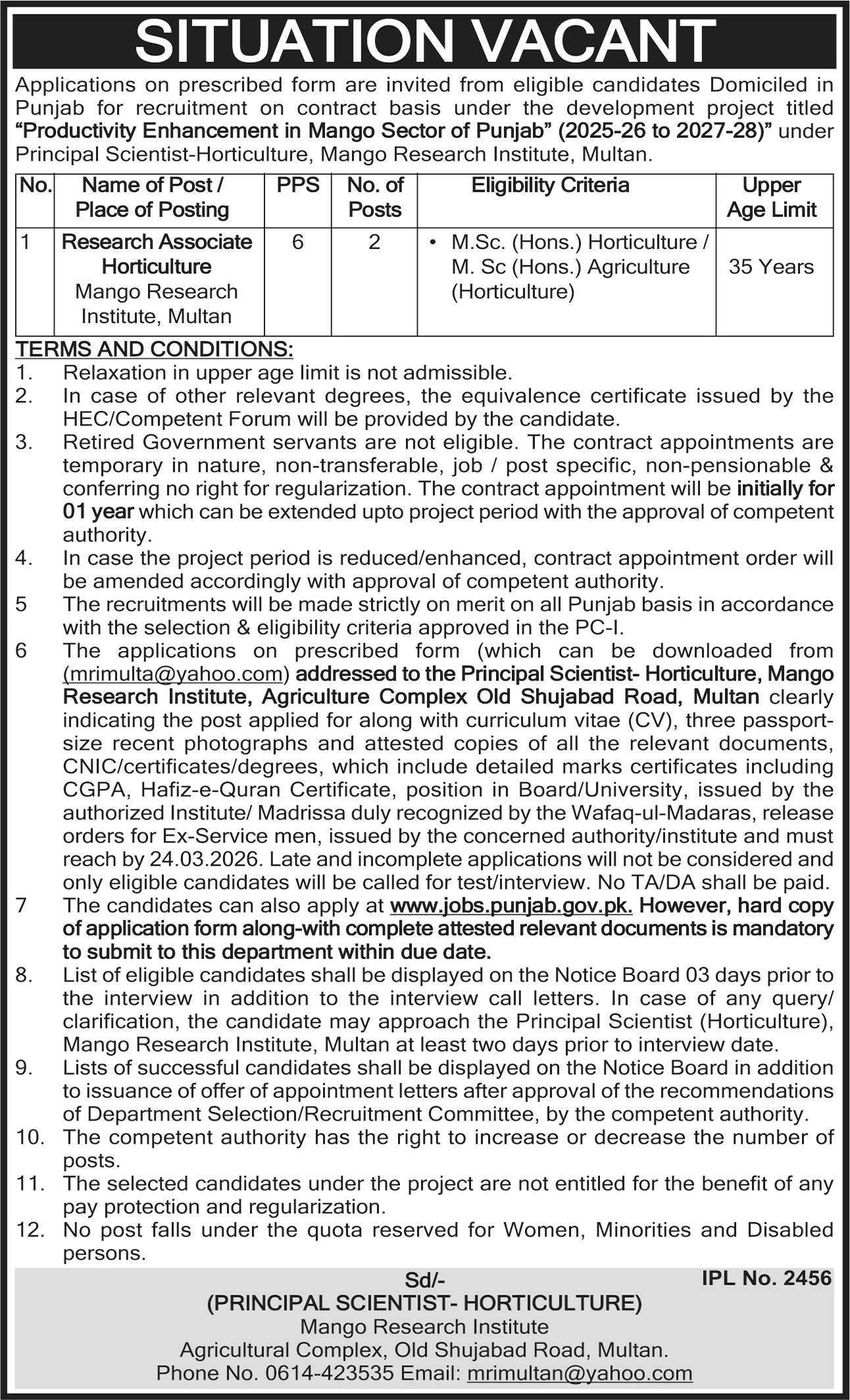 Mango Research Institute Multan Jobs 2026 – Research Associate (Horticulture) Vacancies