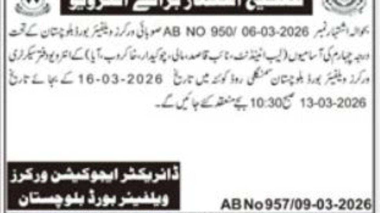 Workers Welfare Board Quetta Jobs 2026 – Apply for Multiple Government Vacancies