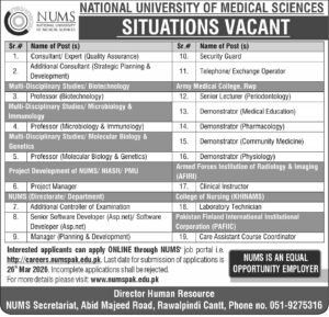 National University of Medical Sciences (NUMS) Jobs 2026 in Rawalpindi – Multiple Vacancies Announced