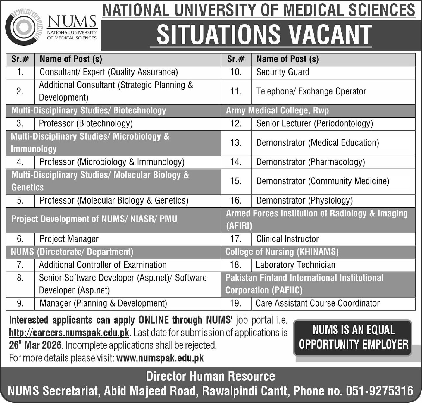 National University of Medical Sciences (NUMS) Jobs 2026 in Rawalpindi – Multiple Vacancies Announced