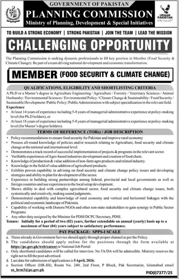 Planning Commission Islamabad Jobs 2026 – Member Positions in Food Security & Climate Change