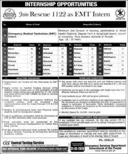 Rescue 1122 EMT Internship 2026 – Emergency Medical Technician Internship Opportunities in Punjab