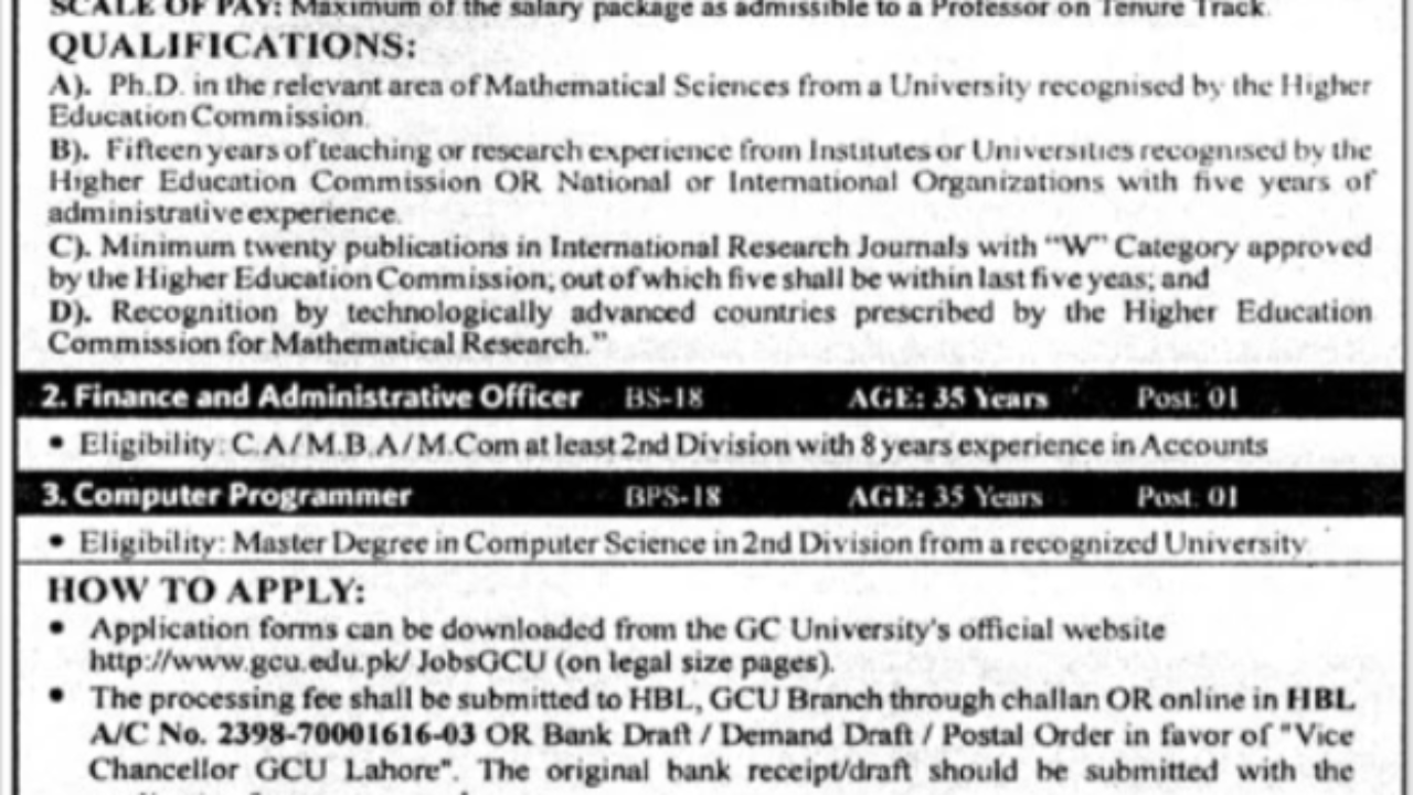 Government College University Lahore Jobs 2026 – Director General, Finance Officer & Computer Programmer Vacancies