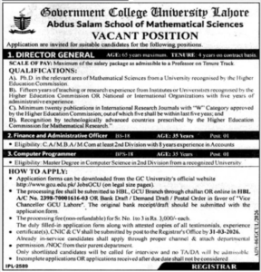 Government College University Lahore Jobs 2026 – Director General, Finance Officer & Computer Programmer Vacancies