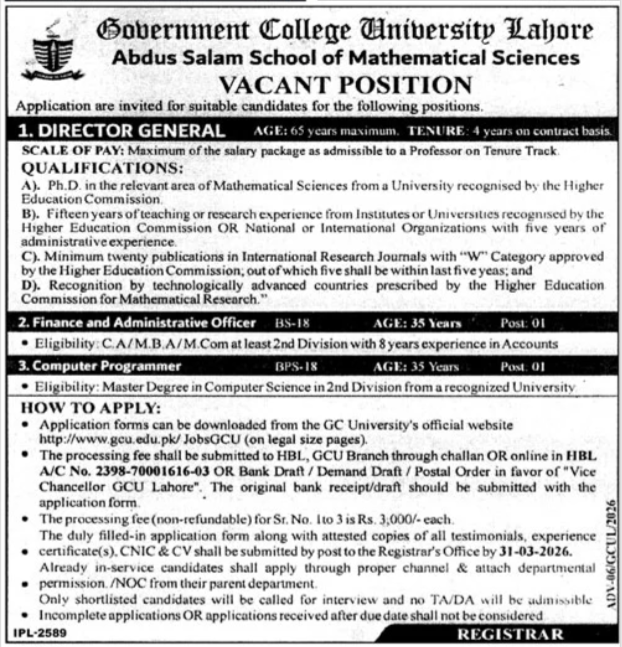 Government College University Lahore Jobs 2026 – Director General, Finance Officer & Computer Programmer Vacancies