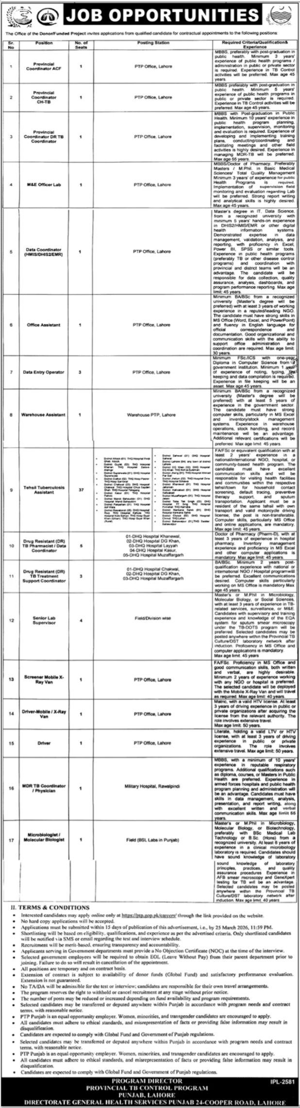 Provincial TB Control Program Jobs 2026 in Lahore – Multiple Government Vacancies