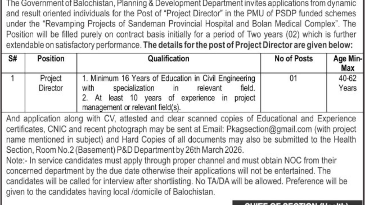 Planning and Development Department Jobs 2026 in Quetta – Project Director Vacancy