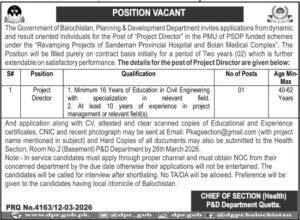 Planning and Development Department Jobs 2026 in Quetta – Project Director Vacancy