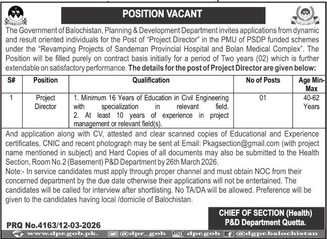 Planning and Development Department Jobs 2026 in Quetta – Project Director Vacancy