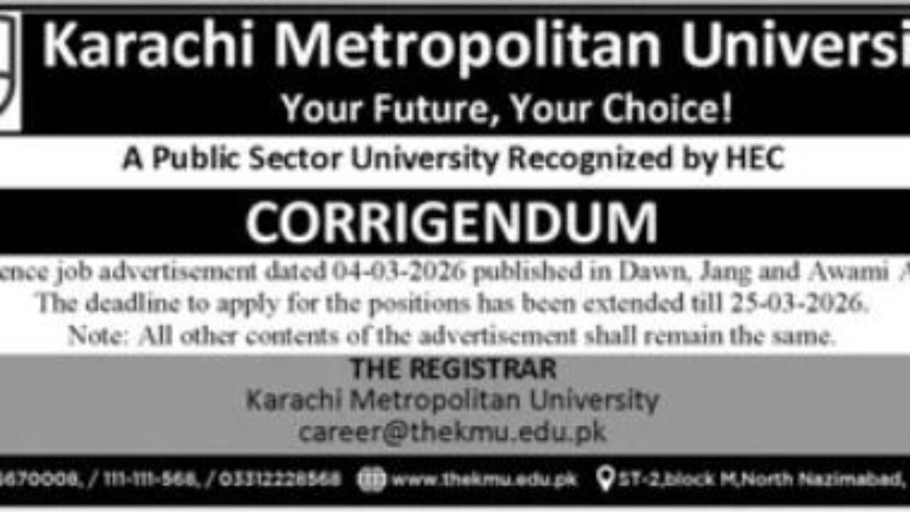 Karachi Metropolitan University Jobs 2026 – Faculty and Registrar Positions in Karachi