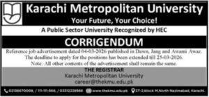 Karachi Metropolitan University Jobs 2026 – Faculty and Registrar Positions in Karachi