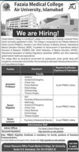 Fazaia Medical College Islamabad Jobs 2026 – Registrar, Lecturer, Assistant Professor & Admin Staff Vacancies