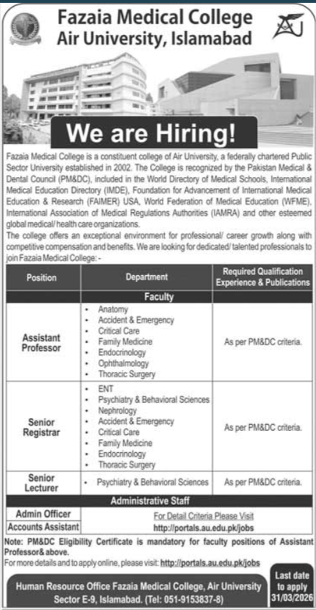 Fazaia Medical College Islamabad Jobs 2026 – Registrar, Lecturer, Assistant Professor & Admin Staff Vacancies