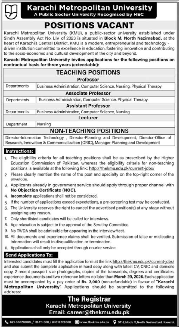 Karachi Metropolitan University KMU Jobs 2026 – Professor, Lecturer, Directors & Academic Staff Vacancies