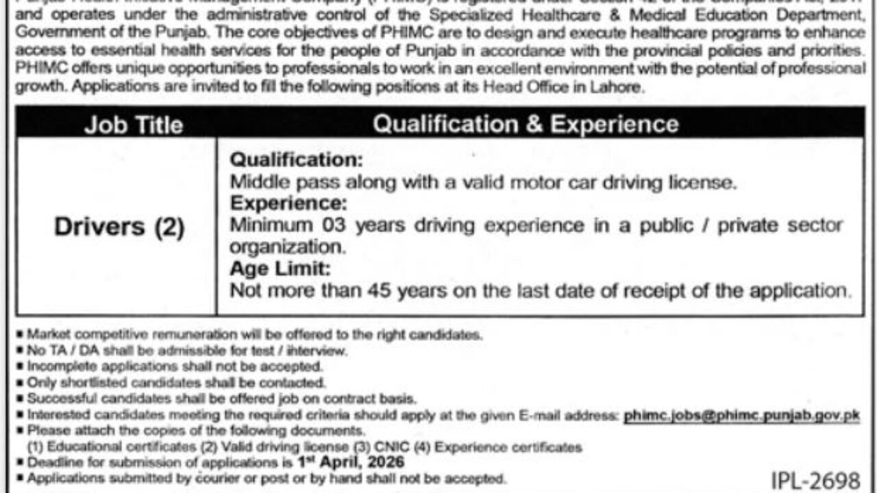 PHIMC Driver Jobs 2026 in Lahore – Government Job Opportunity