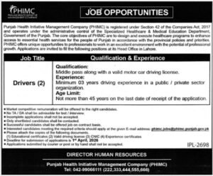 PHIMC Driver Jobs 2026 in Lahore – Government Job Opportunity