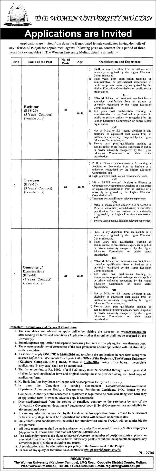 Latest Government Jobs at The Women University Multan 2026 – Registrar, Treasurer & Controller Positions