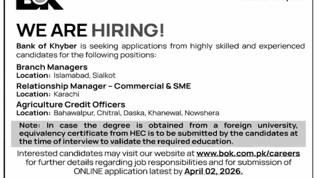 Bank of Khyber Jobs 2026 – Apply for Branch Managers, Relationship Managers & Credit Officers