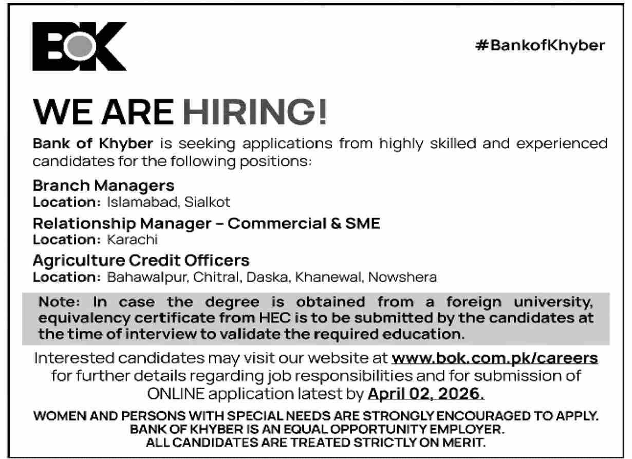 Bank of Khyber Jobs 2026 – Apply for Branch Managers, Relationship Managers & Credit Officers