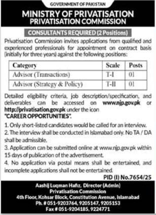 Ministry of Privatisation Jobs 2026 in Islamabad – Apply for Advisor & Strategy Roles