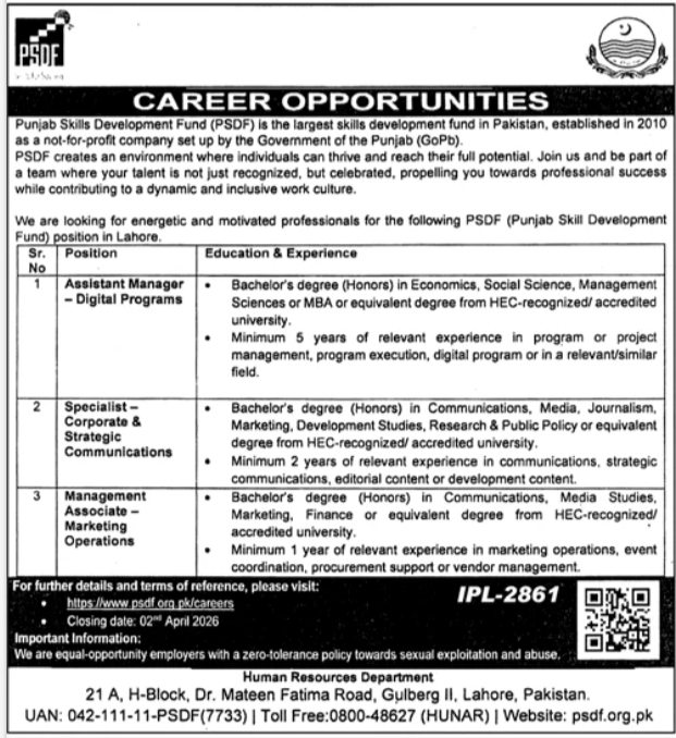 Punjab Skill Development Fund (PSDF) Jobs 2026 in Lahore – Apply for Management & Digital Roles