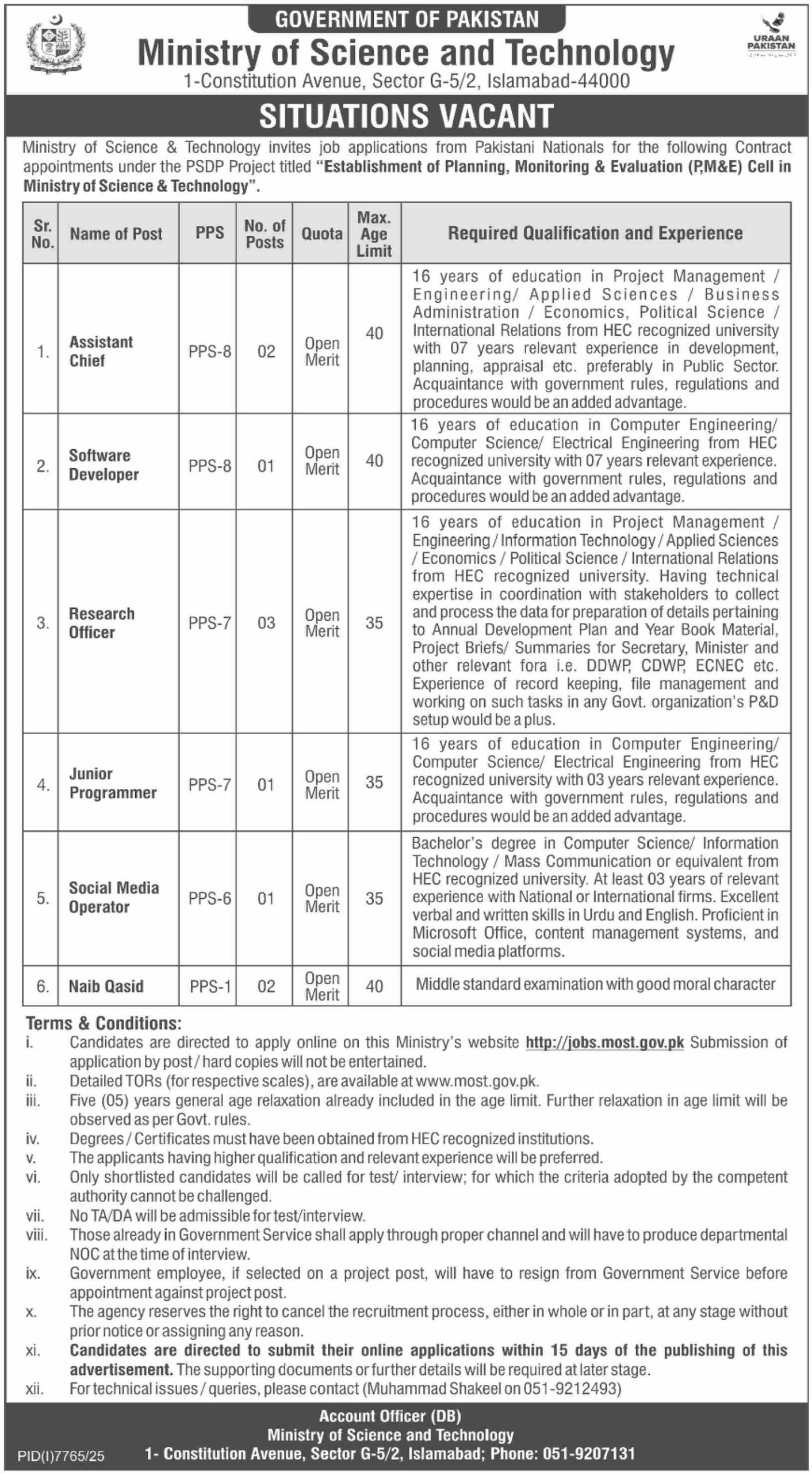 Ministry of Science and Technology (MOST) Islamabad Jobs 2026 – Complete Vacancy Details