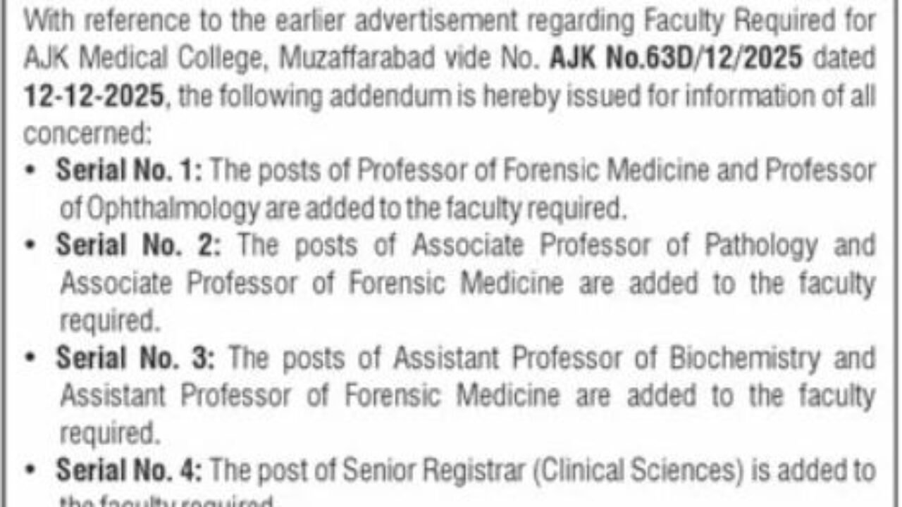 AJK Medical College Muzaffarabad Faculty Jobs 2026 – Professors, Associate Professors & Registrar Vacancies