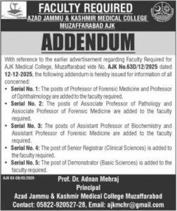 AJK Medical College Muzaffarabad Faculty Jobs 2026 – Professors, Associate Professors & Registrar Vacancies