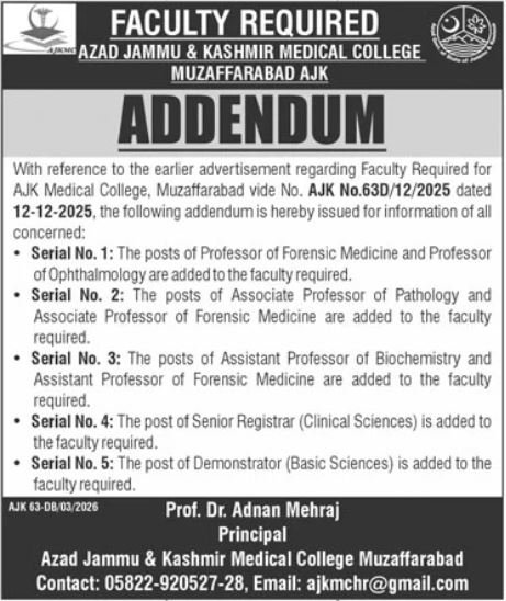 AJK Medical College Muzaffarabad Faculty Jobs 2026 – Professors, Associate Professors & Registrar Vacancies