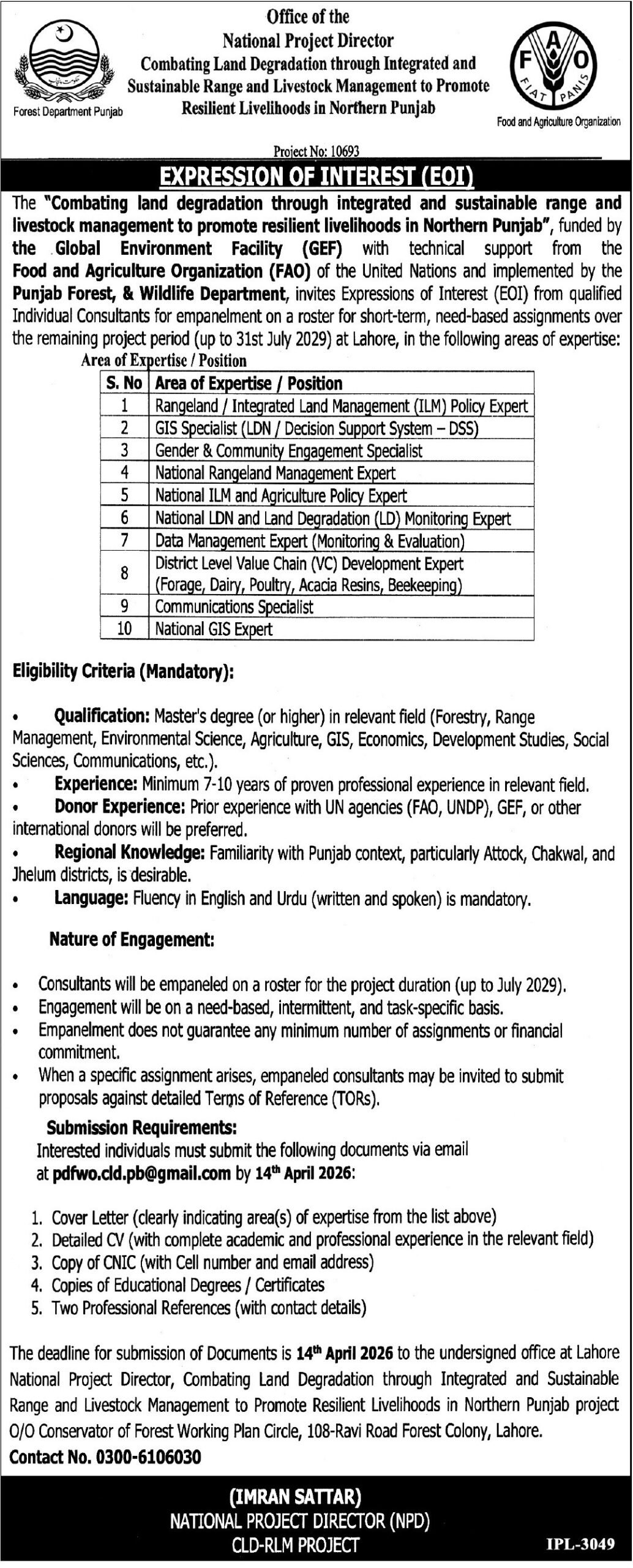 Punjab Forest Department Jobs 2026 – Expression of Interest (EOI) for Consultants in Lahore