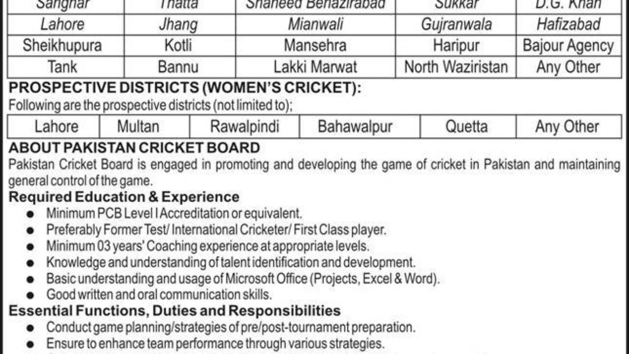 Pakistan Cricket Board (PCB) Jobs 2026 – Domestic & Women Cricket Coaches in Pakistan