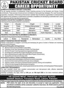 Pakistan Cricket Board (PCB) Jobs 2026 – Domestic & Women Cricket Coaches in Pakistan