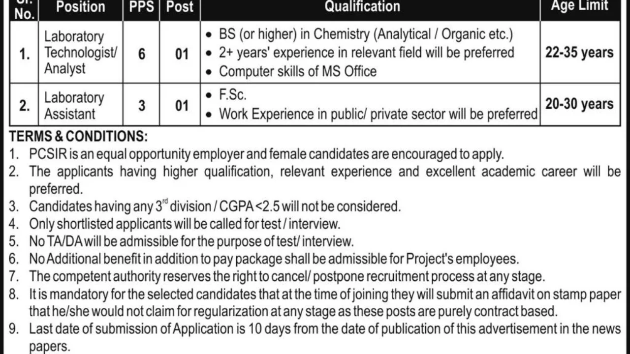 PCSIR Karachi Jobs 2026 – Laboratory Technologist / Analyst and Laboratory Assistant Opportunities