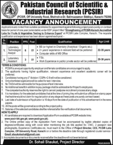 PCSIR Karachi Jobs 2026 – Laboratory Technologist / Analyst and Laboratory Assistant Opportunities