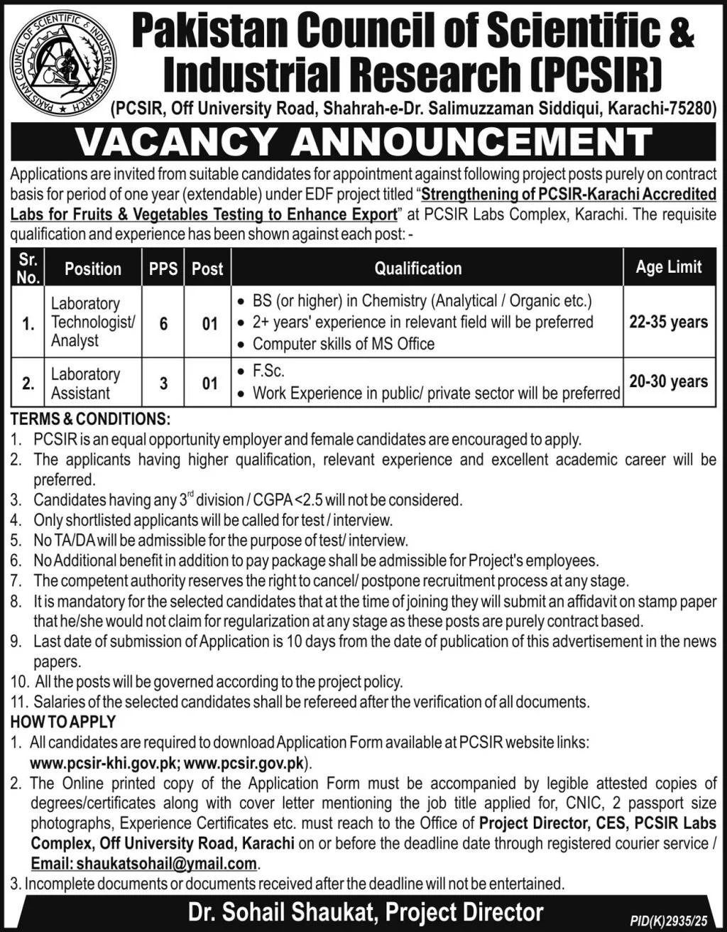 PCSIR Karachi Jobs 2026 – Laboratory Technologist / Analyst and Laboratory Assistant Opportunities
