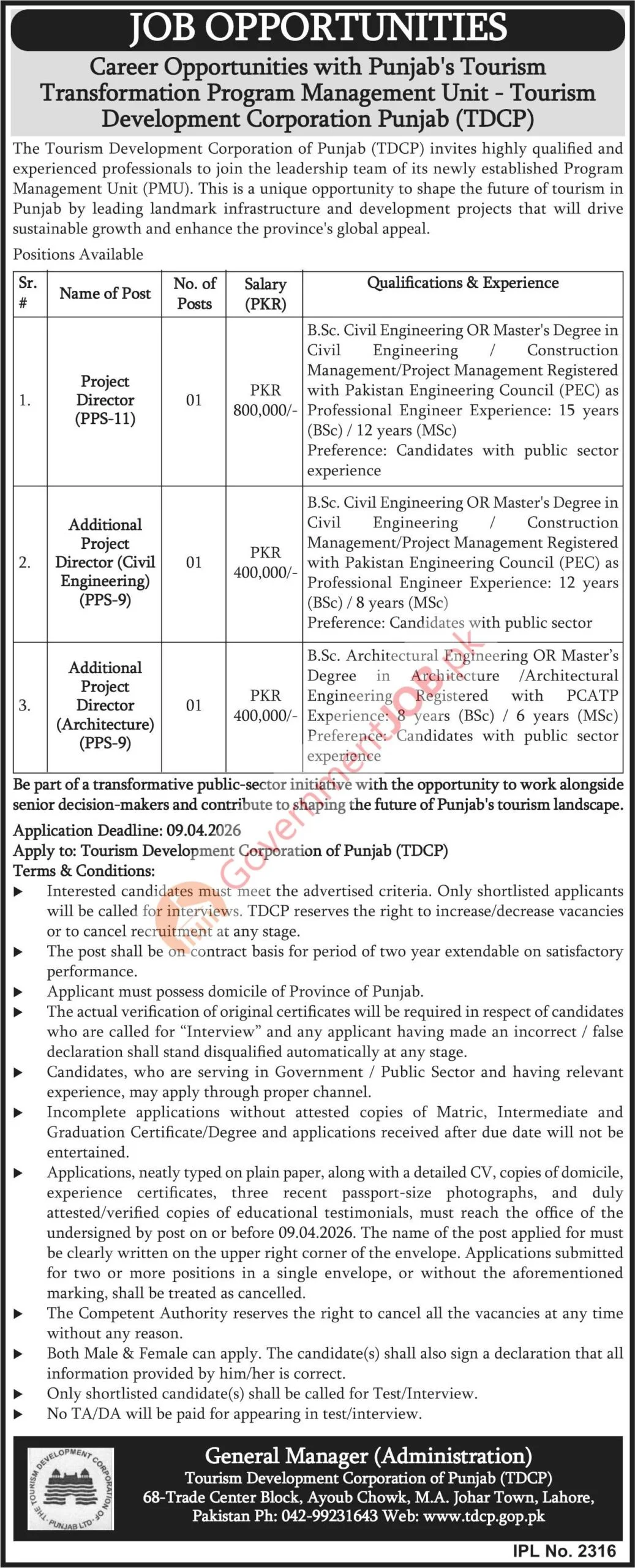 Tourism Development Corporation of Punjab (TDCP) Jobs 2026 – Project Director & Additional Project Director Opportunities