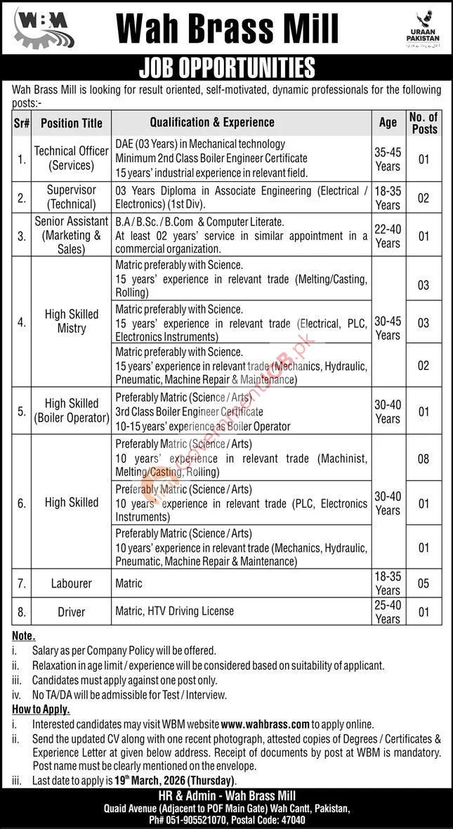 Wah Brass Mill Jobs 2026 in Wah Cantt – Technical, Skilled Trades, Marketing, Driver & Labour Vacancies