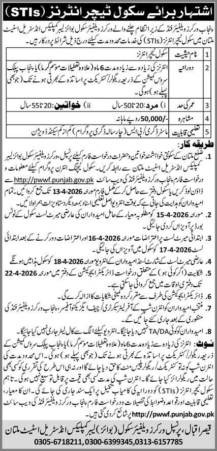 Workers Welfare Fund Jobs 2026 in Lahore – School Teacher Intern (Apply Before 13 April)