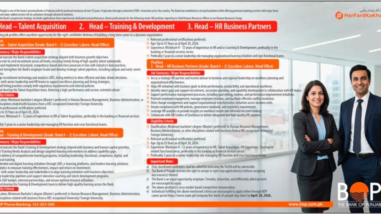 The Bank of Punjab (BOP) Jobs 2026 – Senior HR Leadership Positions